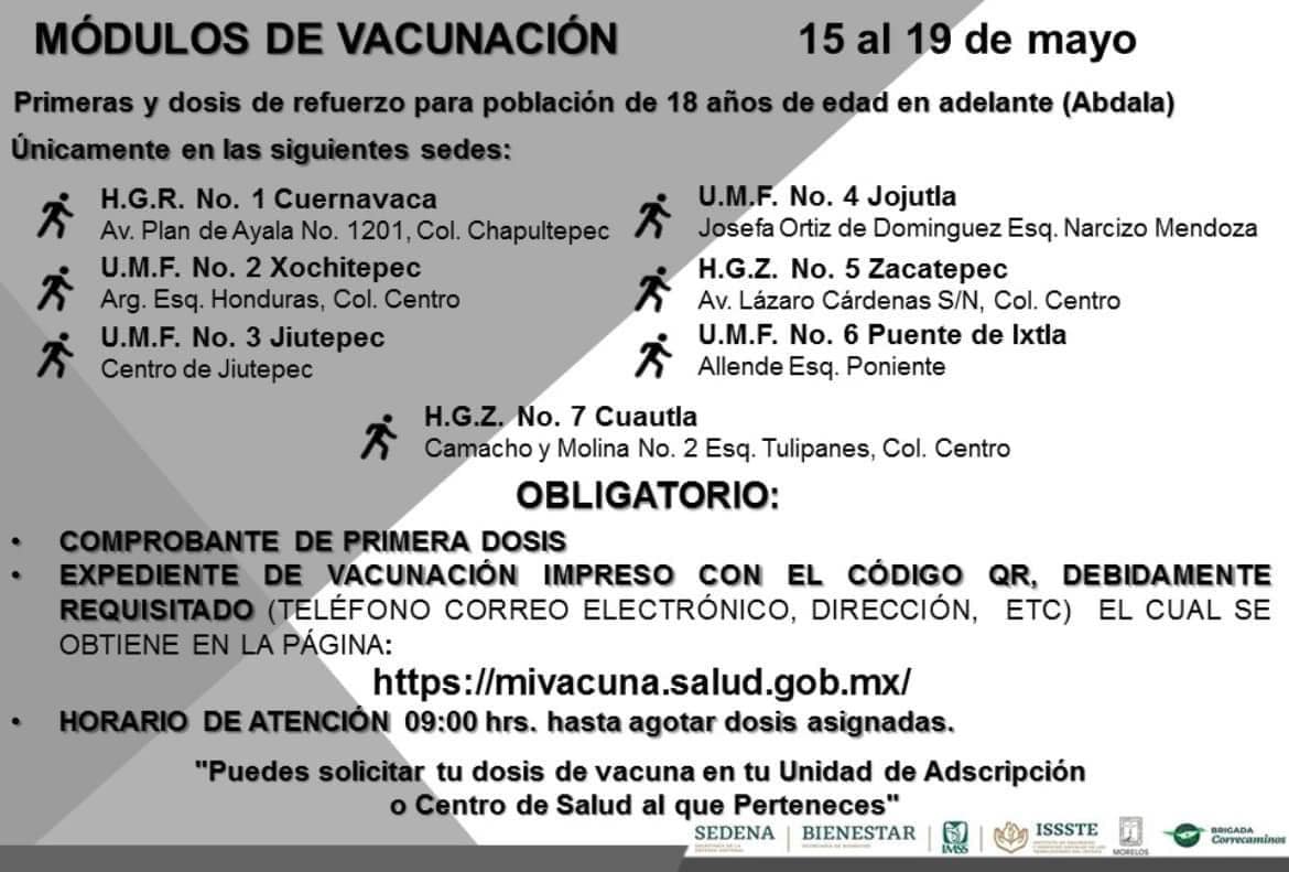 Entre el lunes 15 y el viernes 19 de mayo se aplicarán vacunas contra el #COVID19 para la población del municipio de #Jiutepec