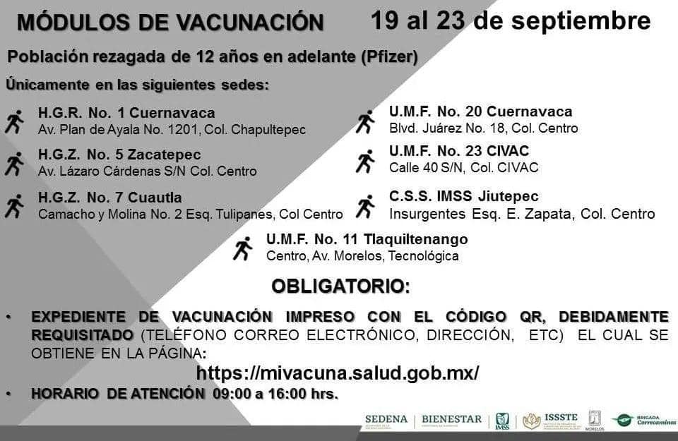 Vacunación contra el #COVID19 en #Jiutepec del lunes 19 al viernes 23 de septiembre