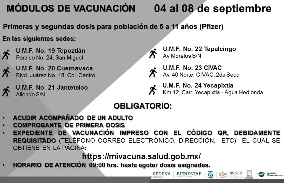 Entre el lunes 4 y el viernes 8 de septiembre se aplicará vacunas contra el #COVID19 para niñas y niños de #Jiutepec