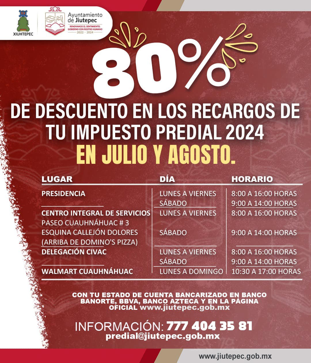 GOBIERNO DE JIUTEPEC AMPLÍA CAMPAÑA DE DESCUENTO EN EL IMPUESTO PREDIAL 2024